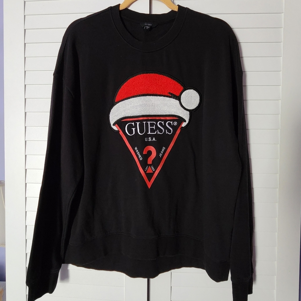 GUESS Black Crewneck Sweater with Red and White Logo